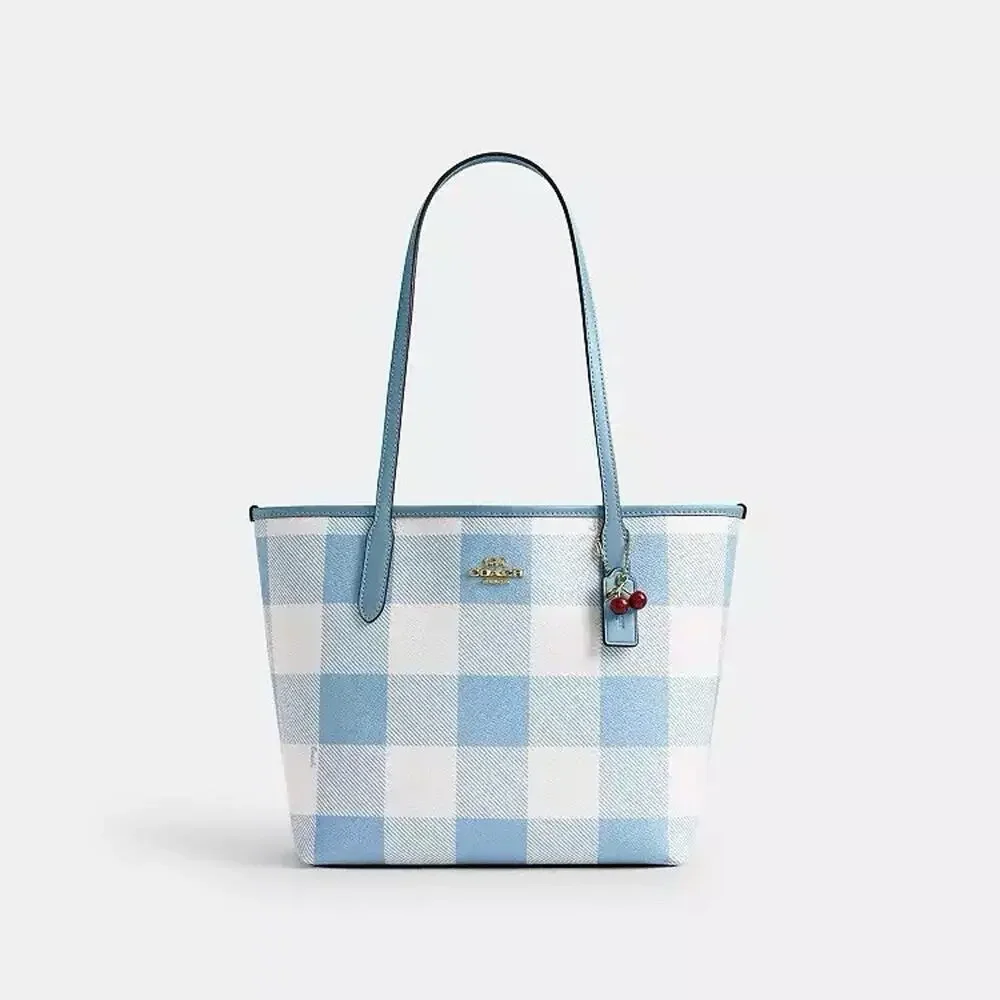 NWT Coach Medium City Tote Bag With Gingham Print And Charm CES66 Blue multi